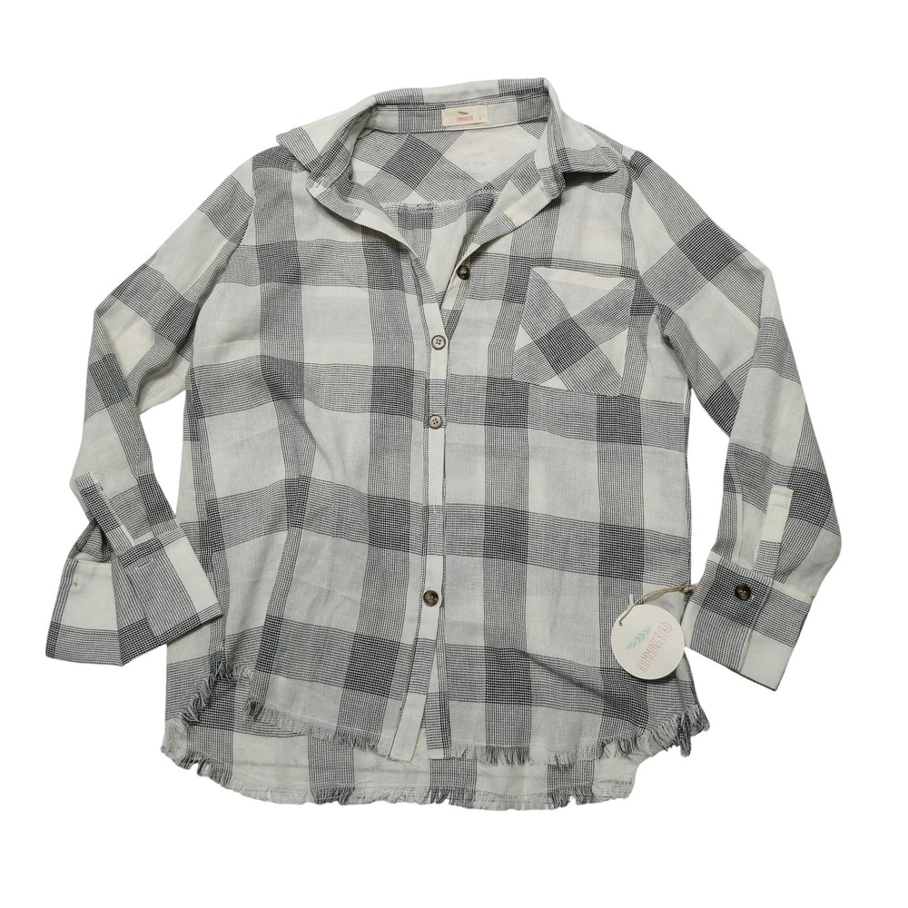 Hummingbird Shirt Womens M Gray Plaid Fringe Hem Lightweight Tunic Top